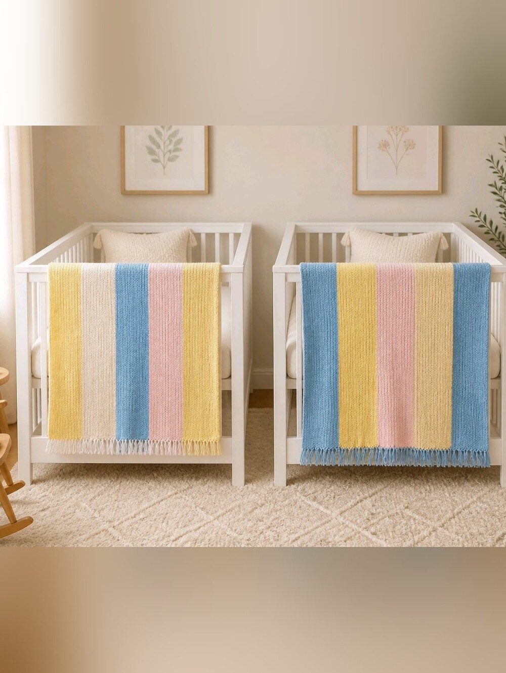 2 Twin Handmade Pastel Striped Baby Afghans with Soft Fringe Edging
